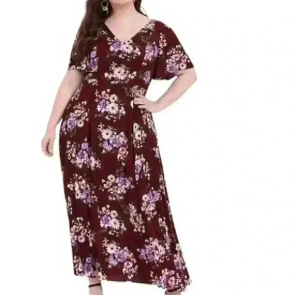 Torrid Red Wine Floral Gauze Maxi Dress - Picture 1 of 12